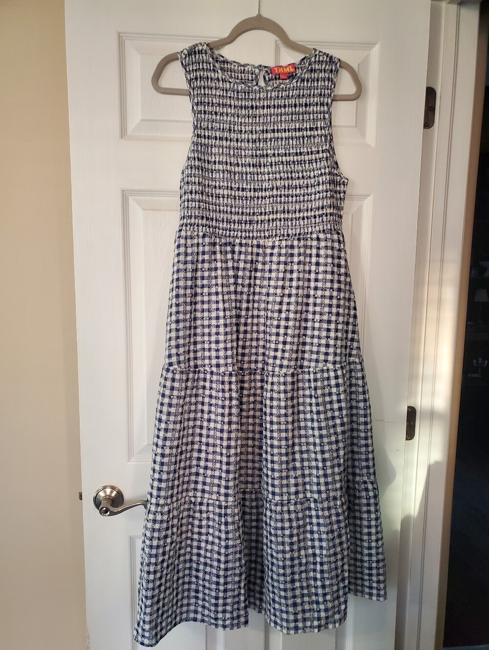 THML Smocked Navy And White Gingham Dress-size Large-100% Cotton